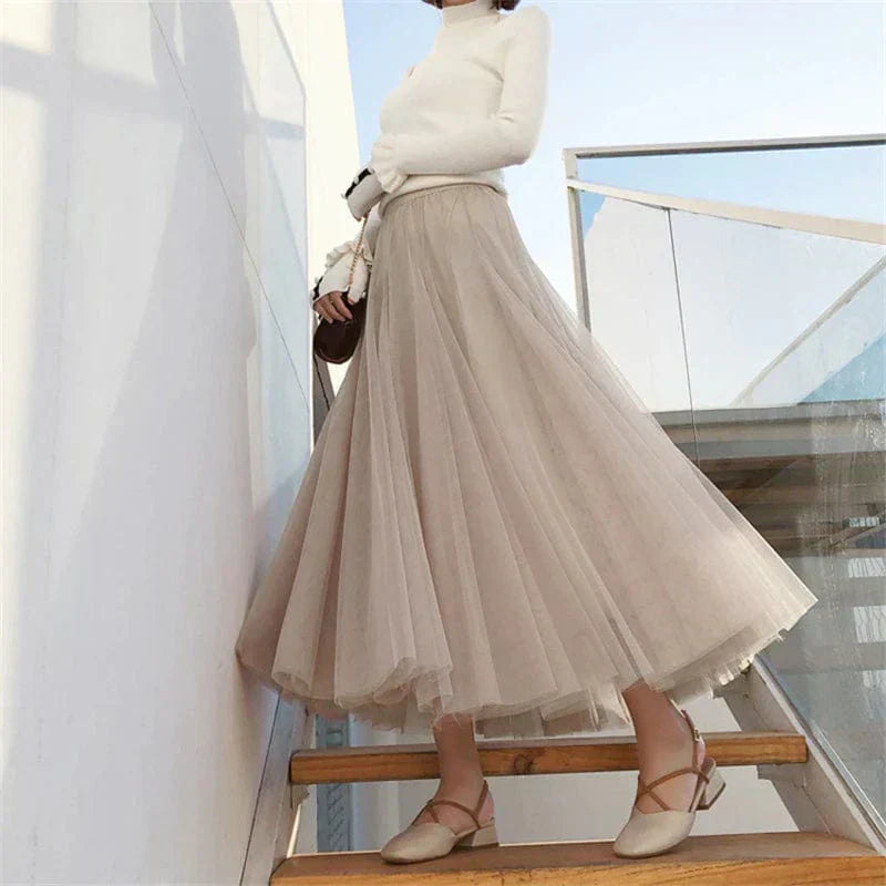 Women’s Layered Tulle Maxi Skirt with Elastic Waist