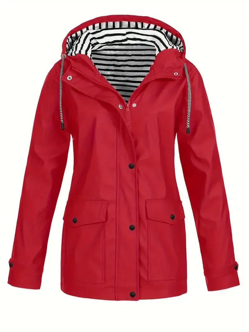 Women's Striped Waterproof Hooded Rain Jacket