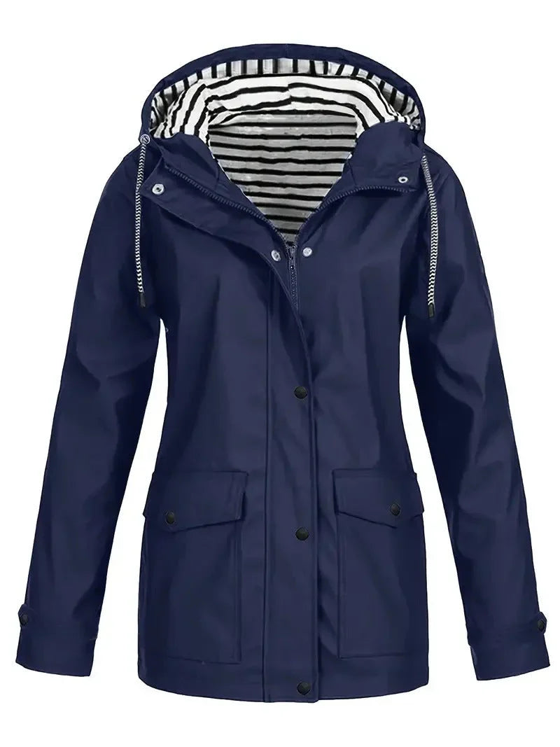 Women's Striped Waterproof Hooded Rain Jacket