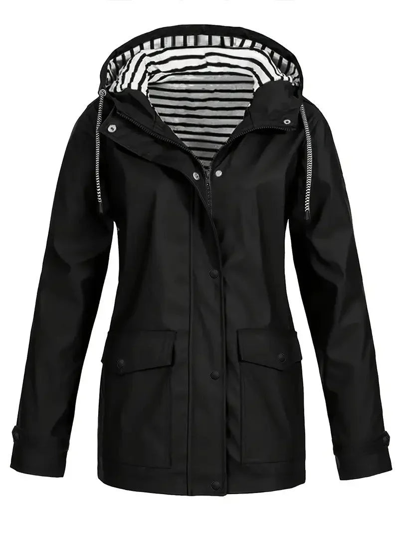 Women's Striped Waterproof Hooded Rain Jacket