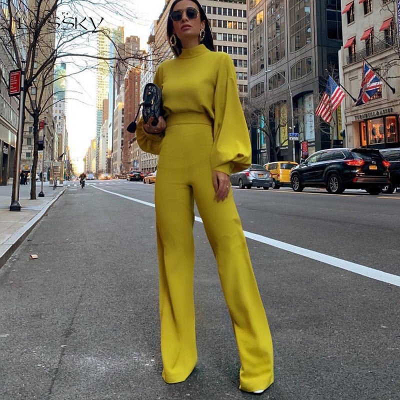 Women's High Neck Balloon Sleeve Wide-Leg Jumpsuit