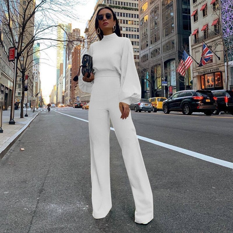Women's High Neck Balloon Sleeve Wide-Leg Jumpsuit