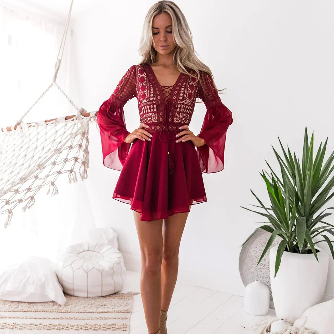 Women's Lace V-Neck Boho Flared Sleeves Mini Dress
