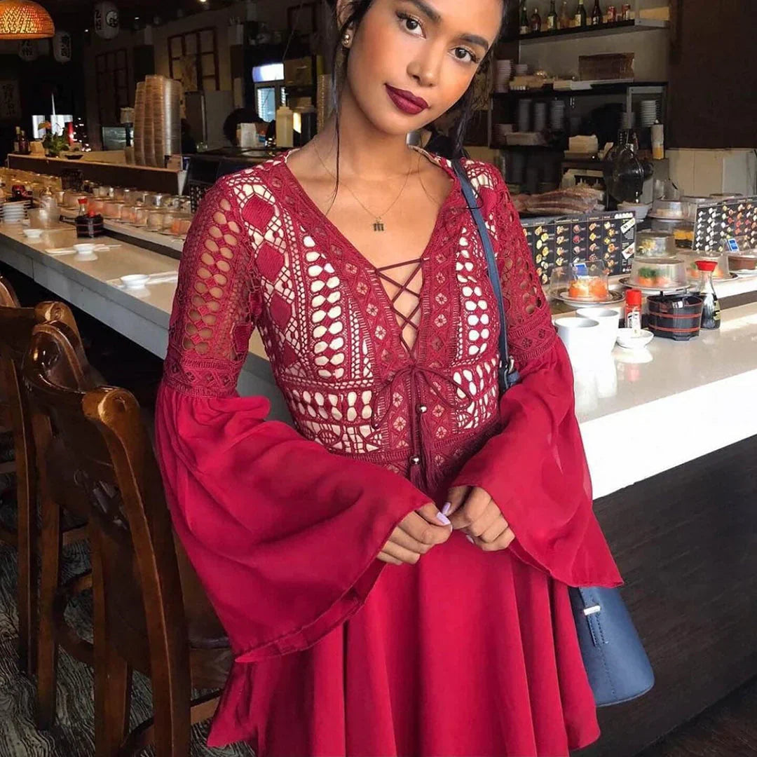 Women's Lace V-Neck Boho Flared Sleeves Mini Dress