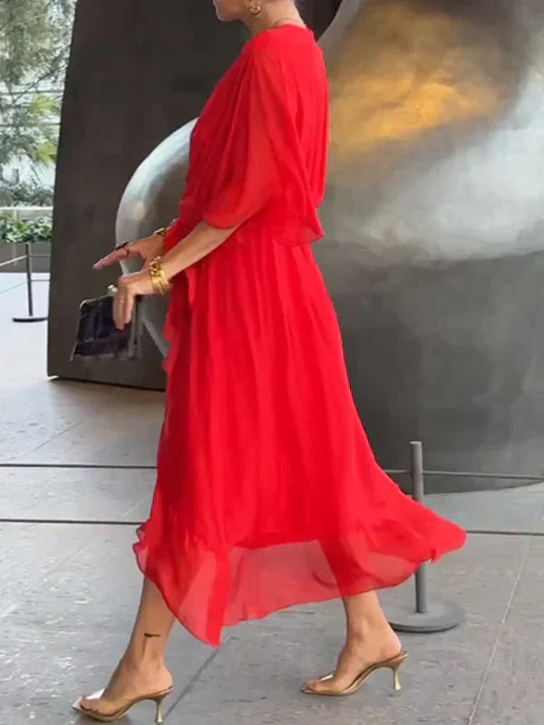 Robe midi portefeuille ceinturée col en V