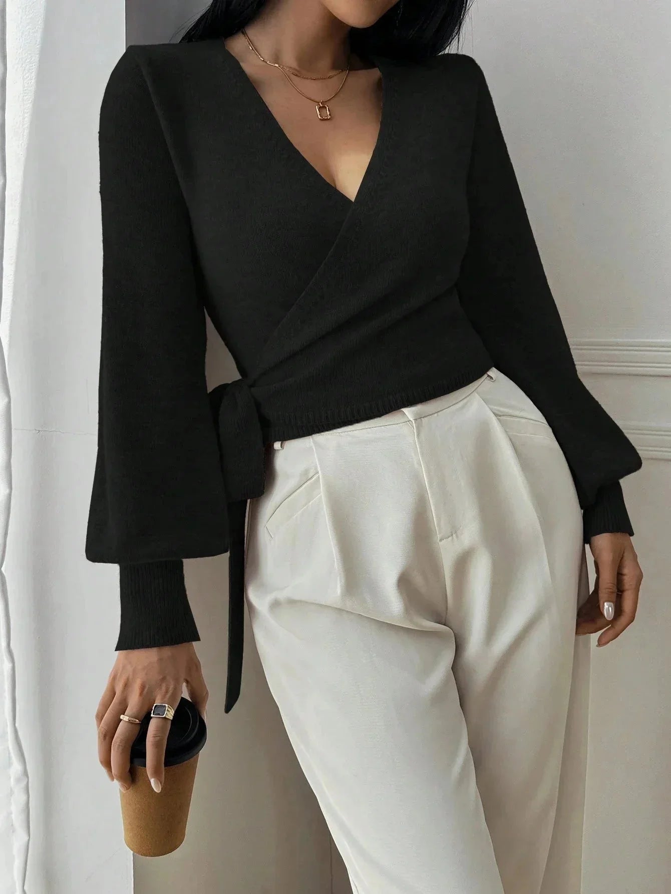 Women's Wrap Sweater with Adjustable Tie Belt