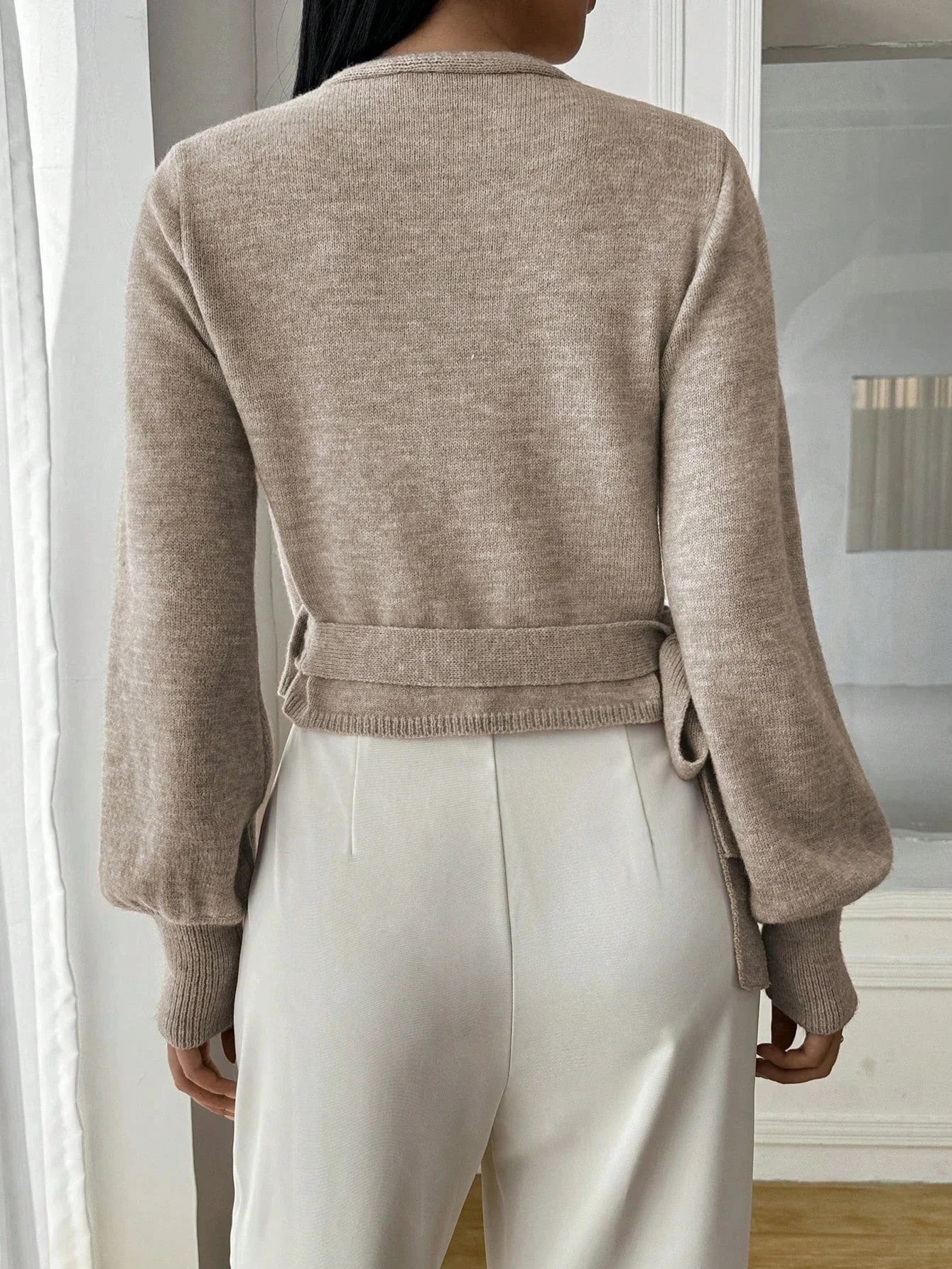 Women’s Long Sleeve Wrap Sweater with Waist Tie and Flared Sleeves