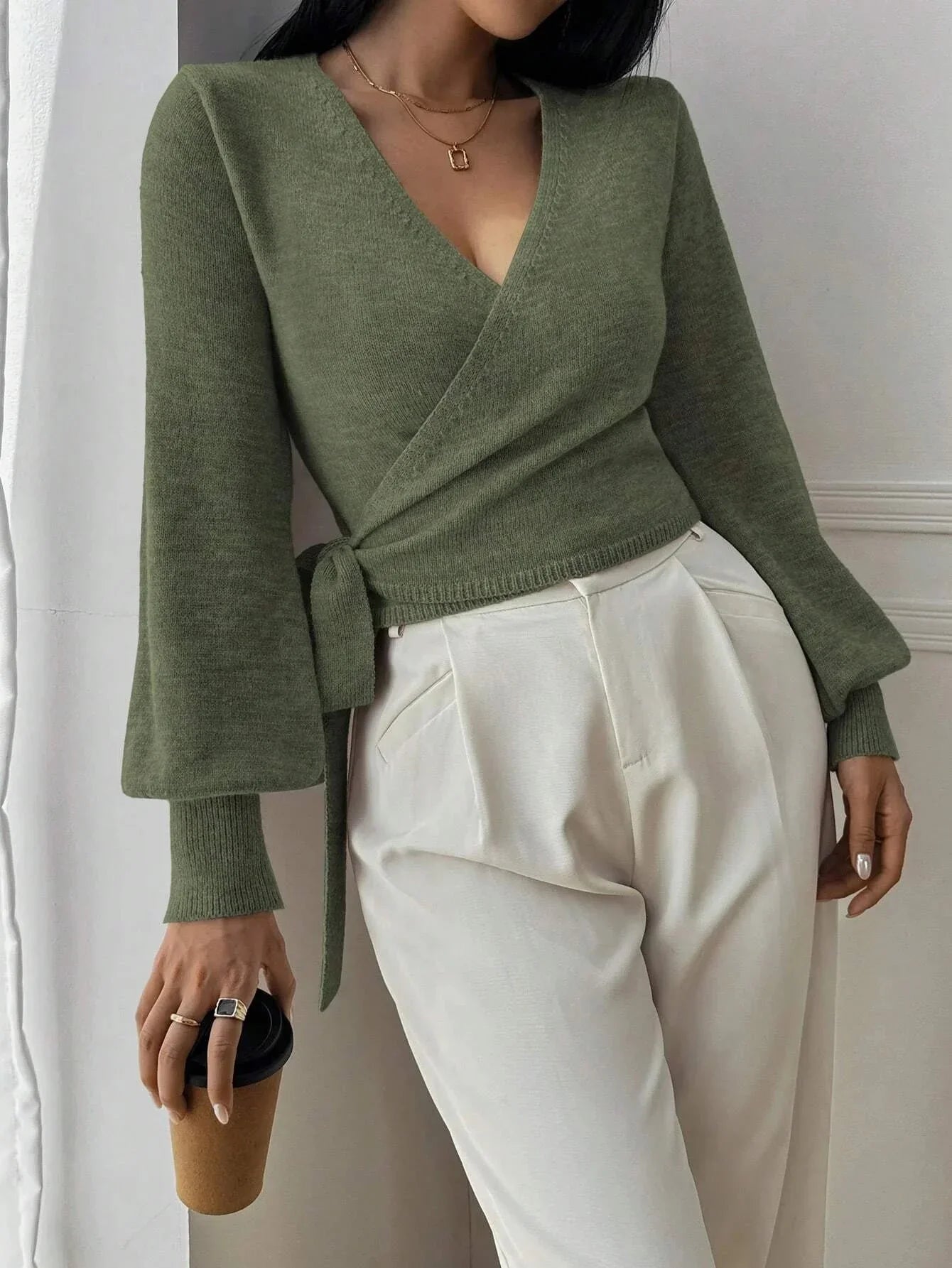 Women’s Long Sleeve Wrap Sweater with Waist Tie and Flared Sleeves