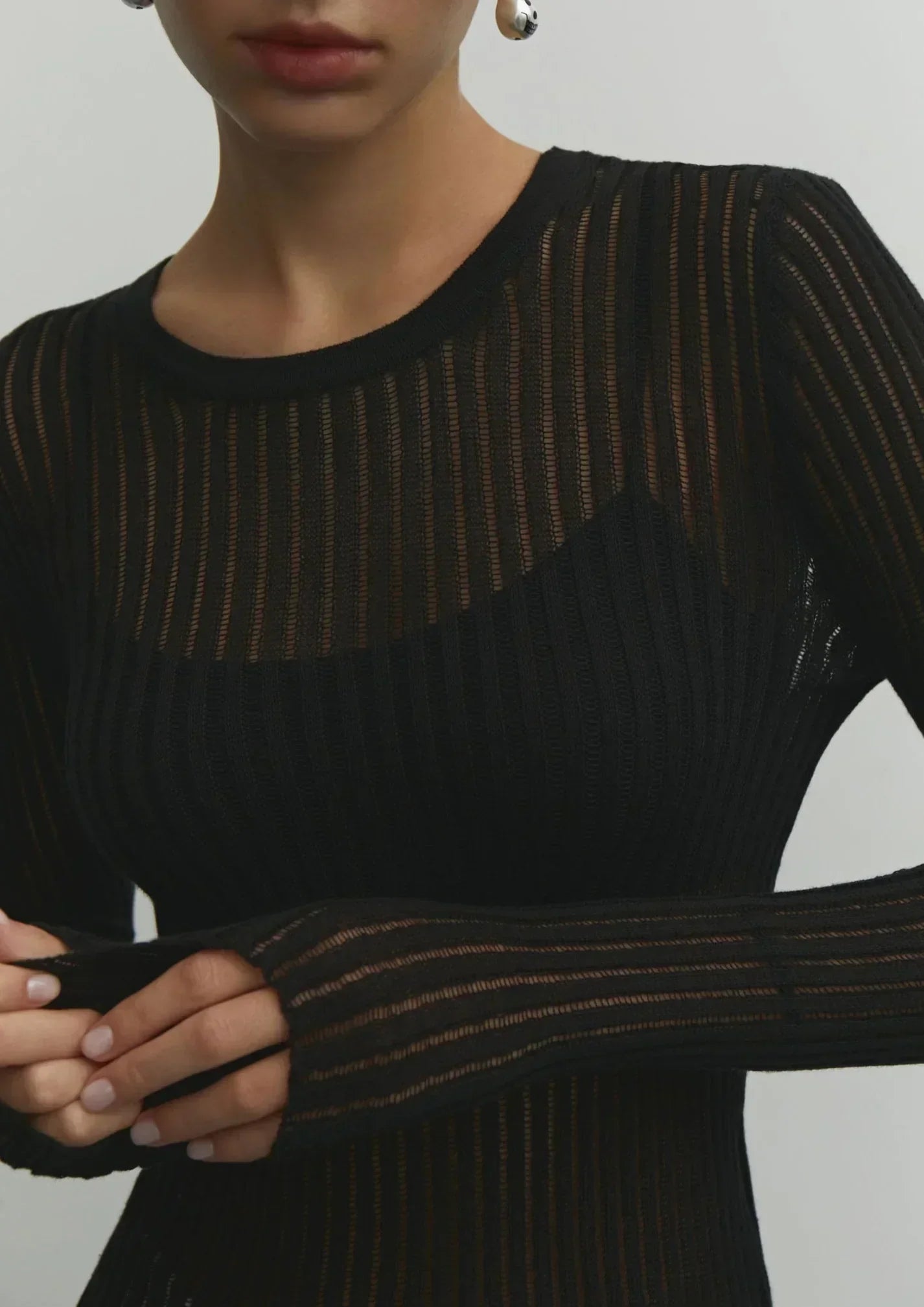 Sheer Ribbed Long Sleeve Top for Women