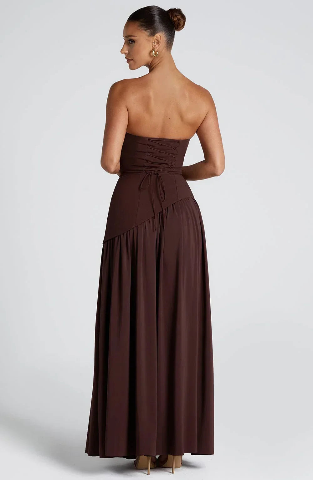 Abito lungo da donna senza spalline, modello corsetto, con spacco alto