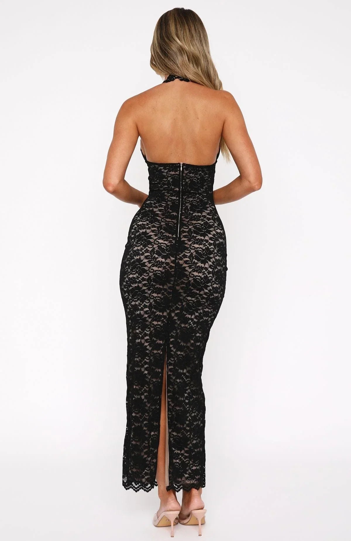 Black Lace Open Back Maxi Dress for Women