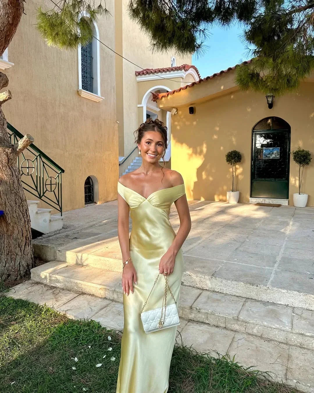 Yellow Satin Off-Shoulder Maxi Dress for Women