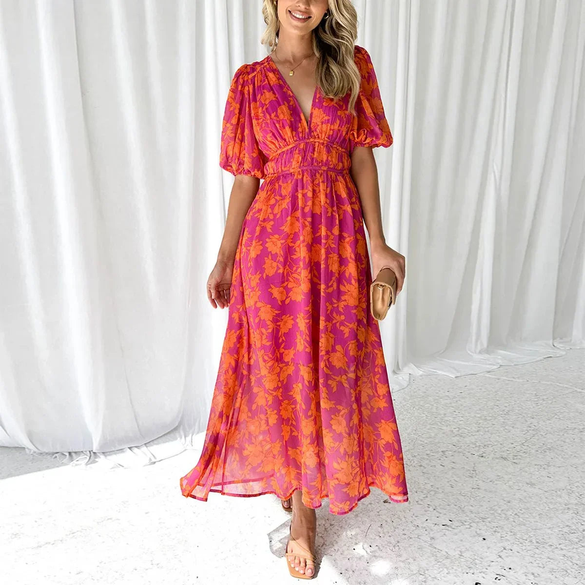 Women’s Floral Flowy V-Neck Midi Dress
