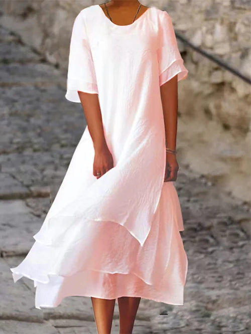 Women’s Casual Swing Midi Dress with Layered Ruffle Hem