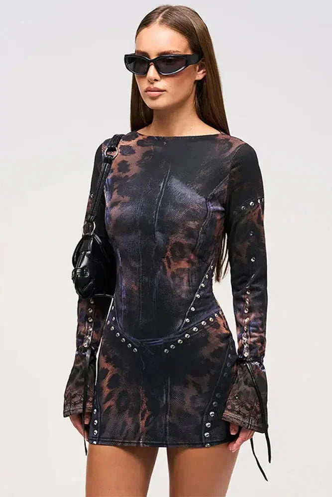 Γυναικείο Μίνι Φόρεμα Bodycon με Μακριά Μανίκια και Τύπωμα