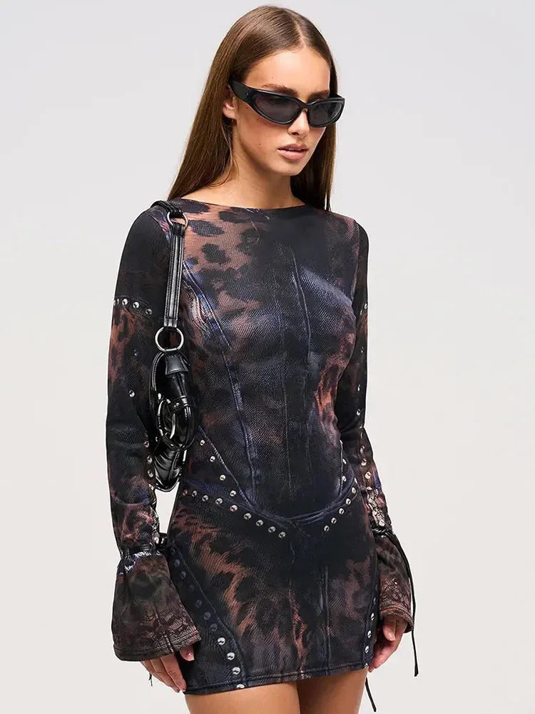 Γυναικείο Μίνι Φόρεμα Bodycon με Μακριά Μανίκια και Τύπωμα