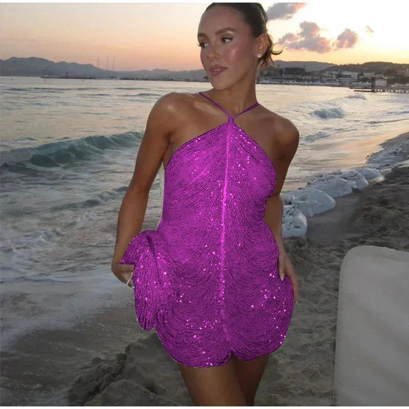 Robe mini à bretelles ornée de perles pour femme