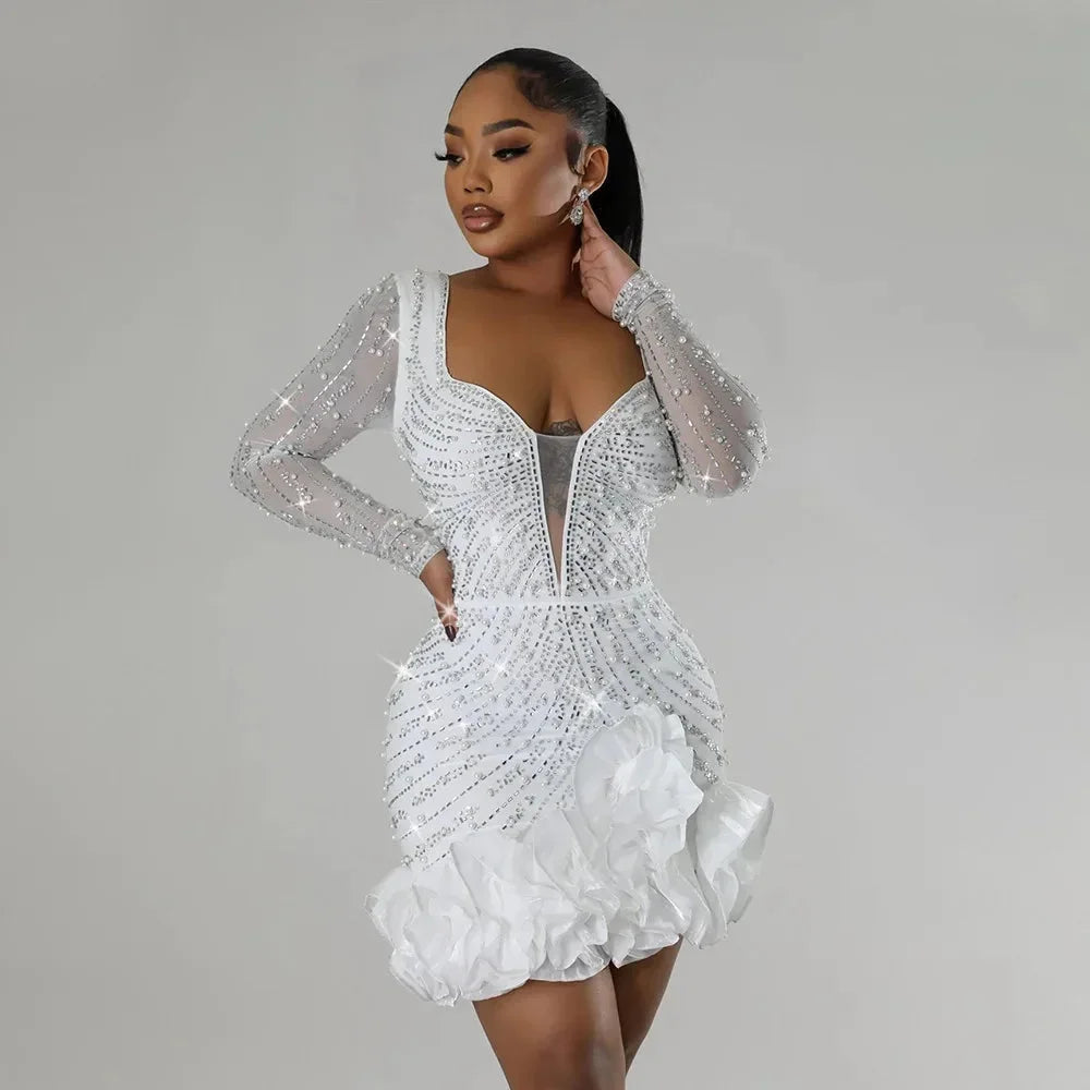 Robe mini de soirée pour femme à col en V profond ornée avec ourlet à volants