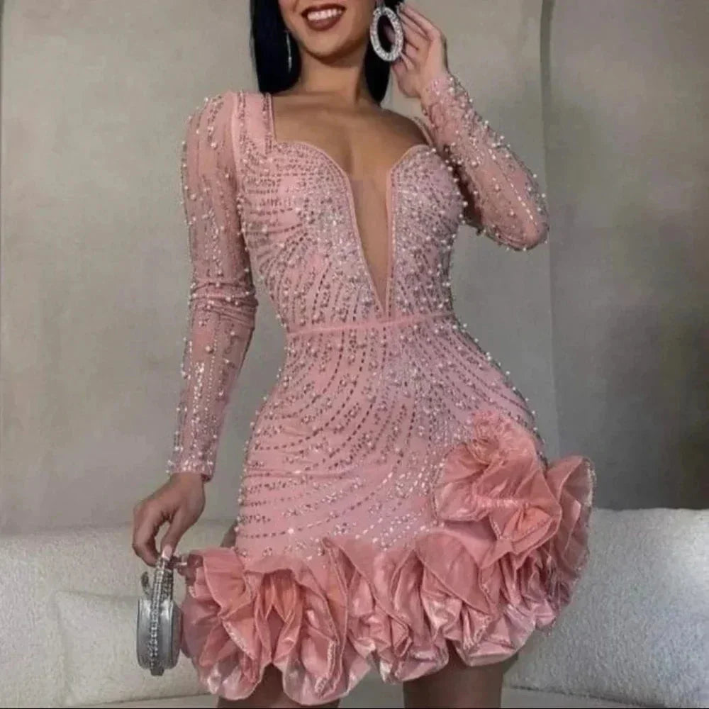 Robe mini de soirée pour femme à col en V profond ornée avec ourlet à volants