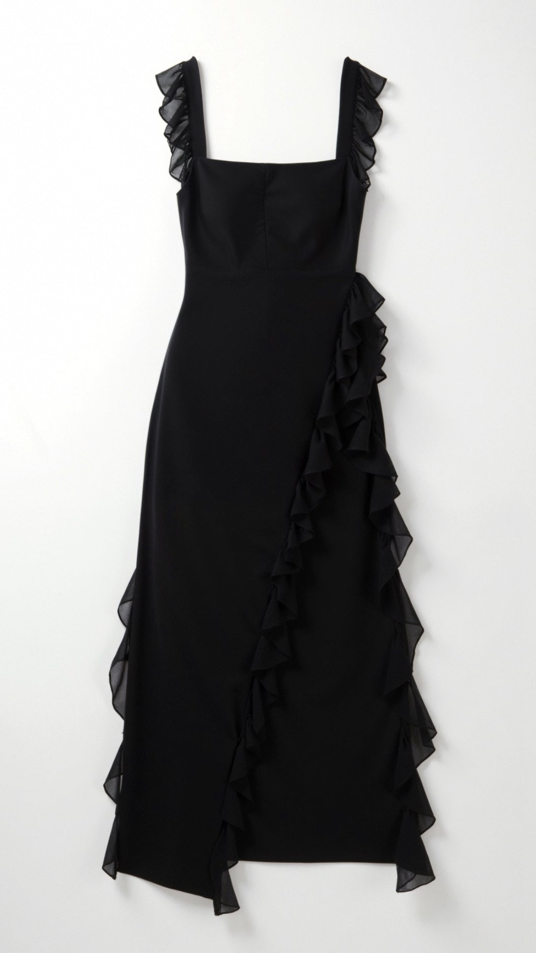 Vestido largo de mujer con abertura delantera de volantes