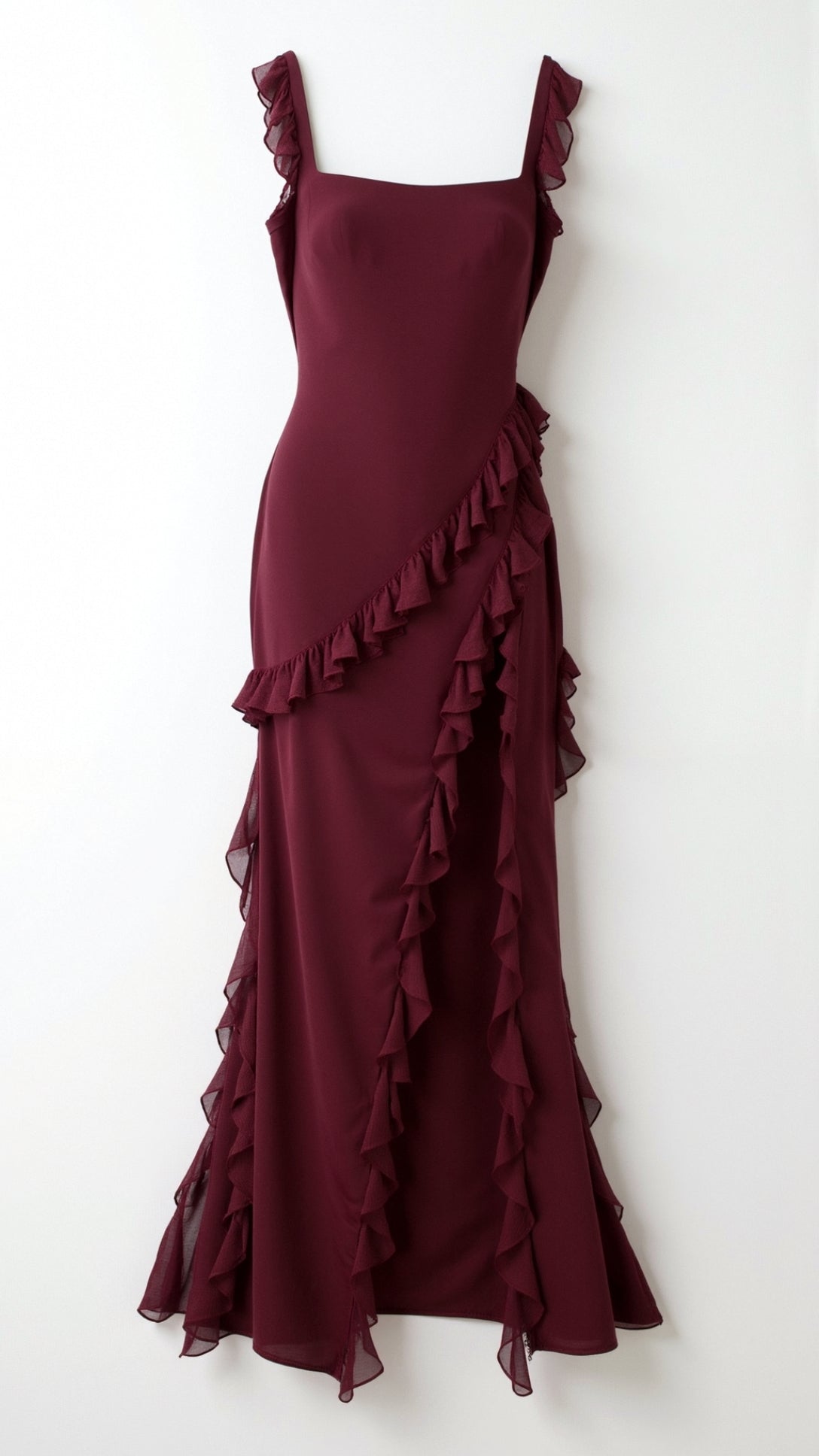 Vestido largo de mujer con abertura delantera de volantes