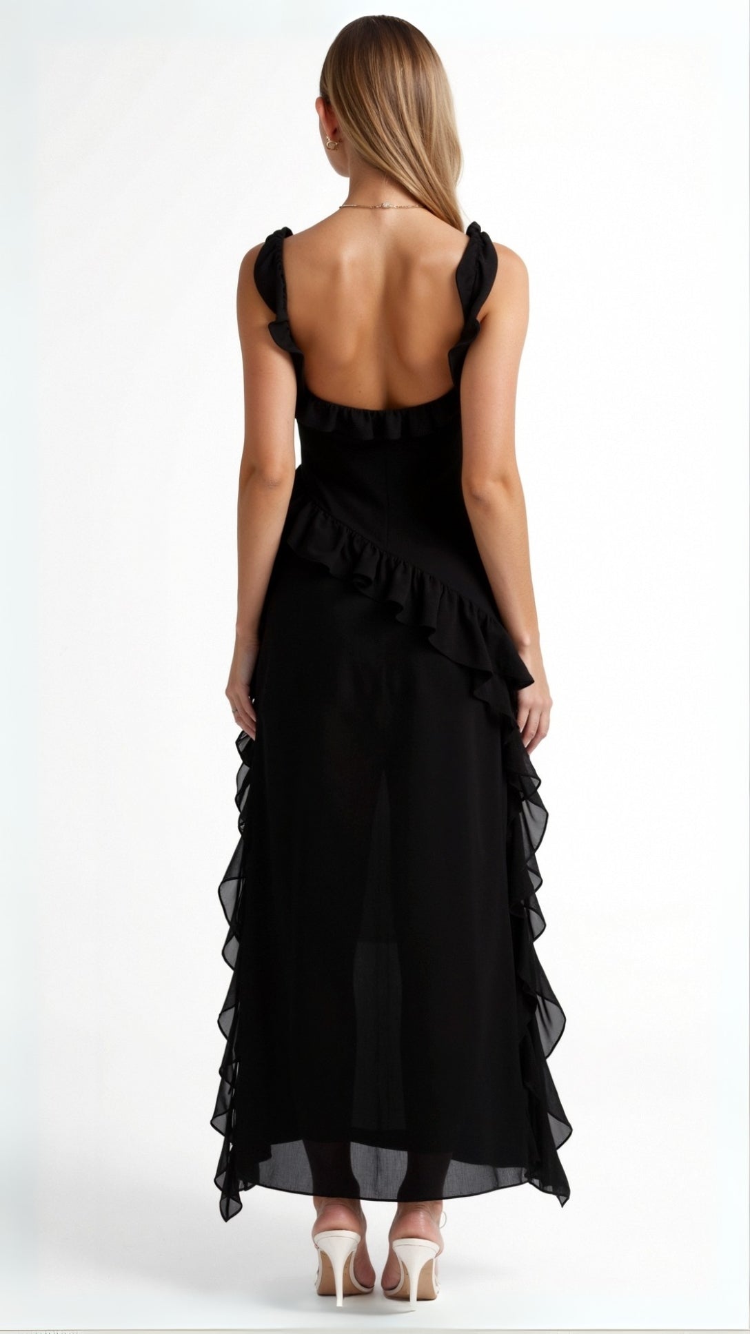 Vestido largo de mujer con abertura delantera de volantes