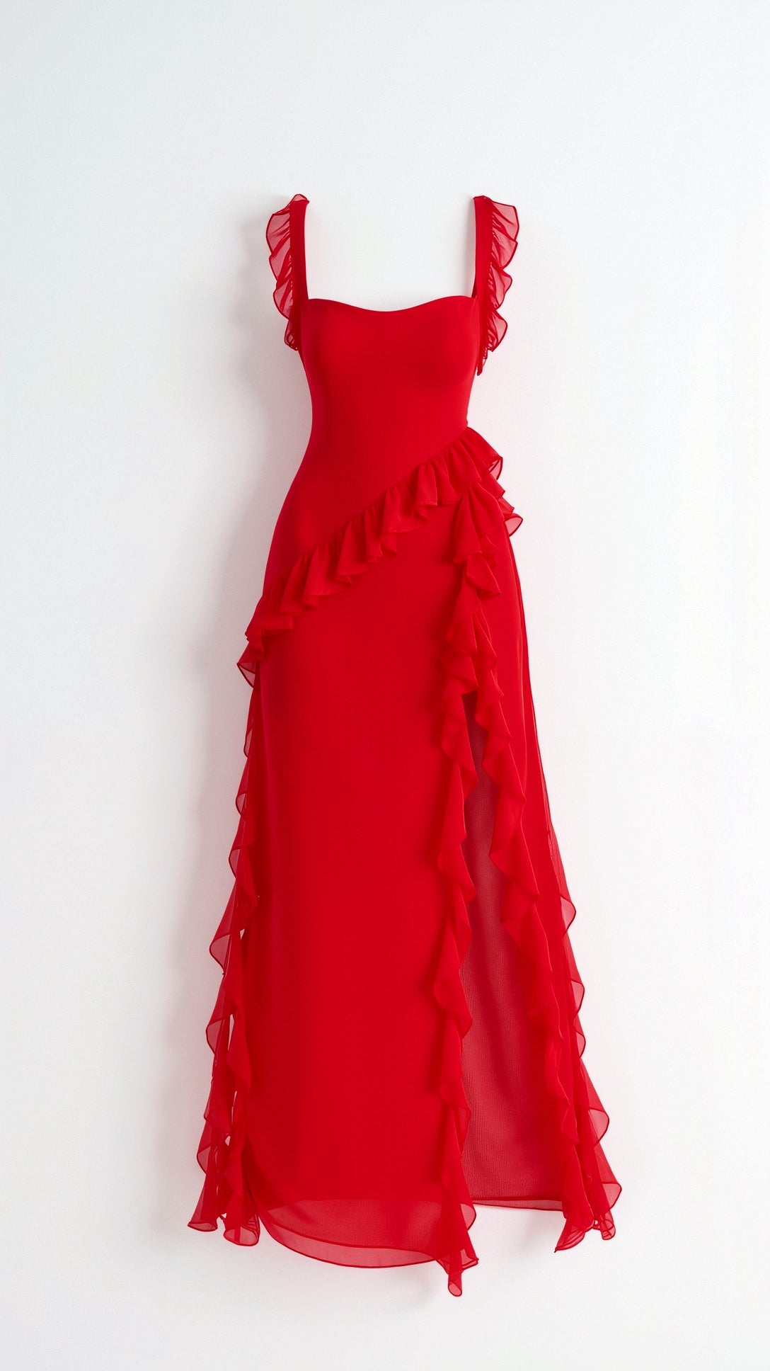 Vestido largo de mujer con abertura delantera de volantes