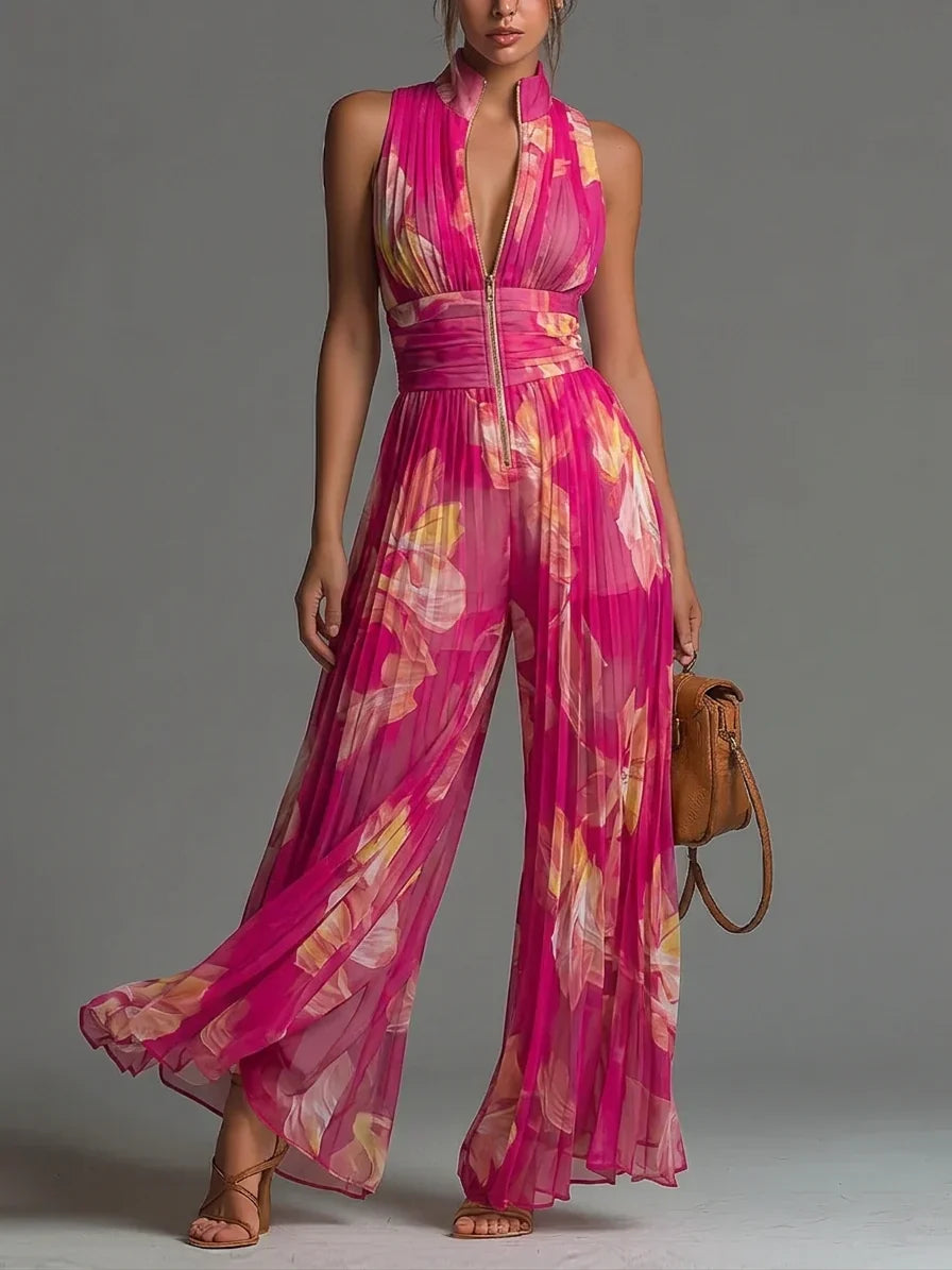 Women's Sleeveless Pleated Wide-Leg Jumpsuit