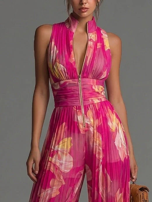 Women's Sleeveless Pleated Wide-Leg Jumpsuit