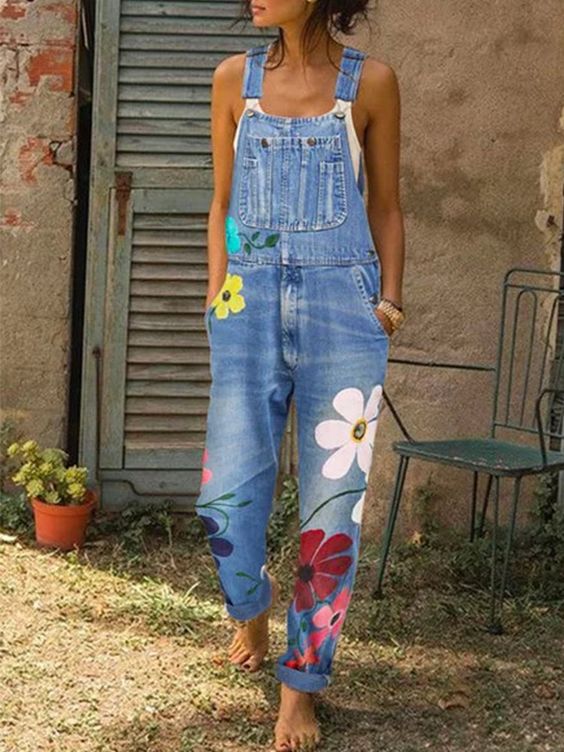 Tuta intera in denim da donna con dettagli floreali
