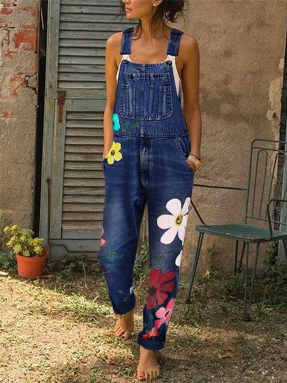 Tuta intera in denim da donna con dettagli floreali