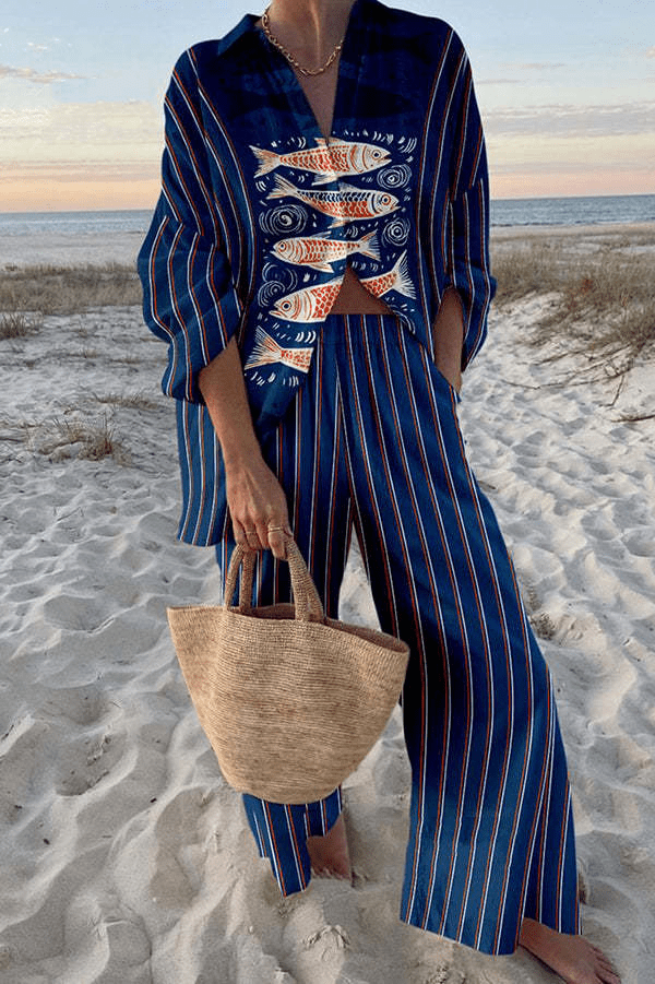 Ensemble imprimé 2 pièces pour femme – haut à manches longues et pantalon à jambes larges