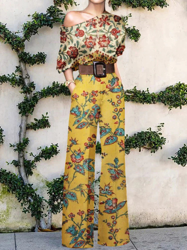 Combinaison large à jambe large imprimée pour femme à une épaule