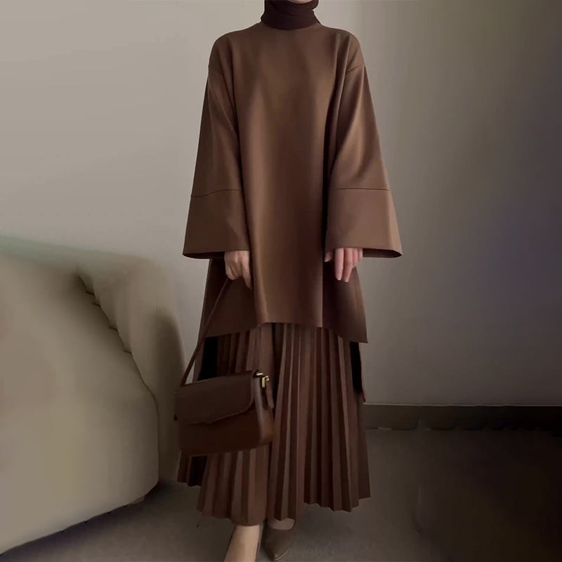 Women's Pleated Two-Piece Set with Bell Sleeves