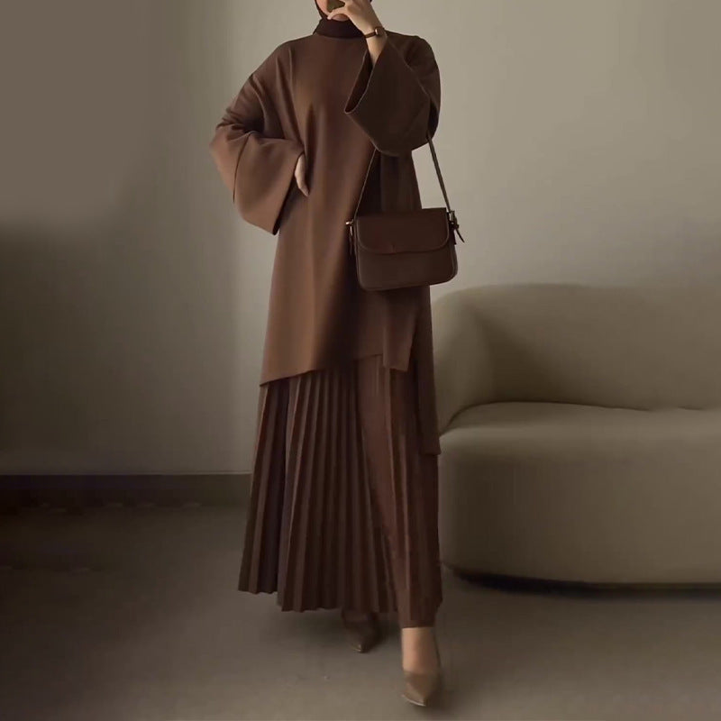 Women's Pleated Two-Piece Set with Bell Sleeves