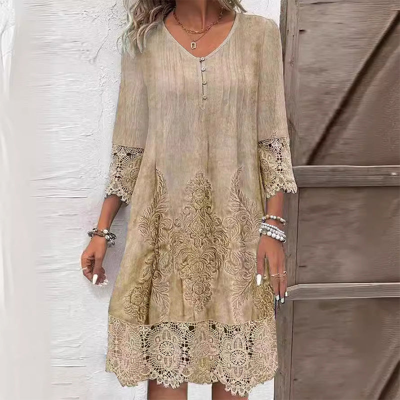 Elegant Lace Detail Shift Dress with Three-Quarter Sleeves