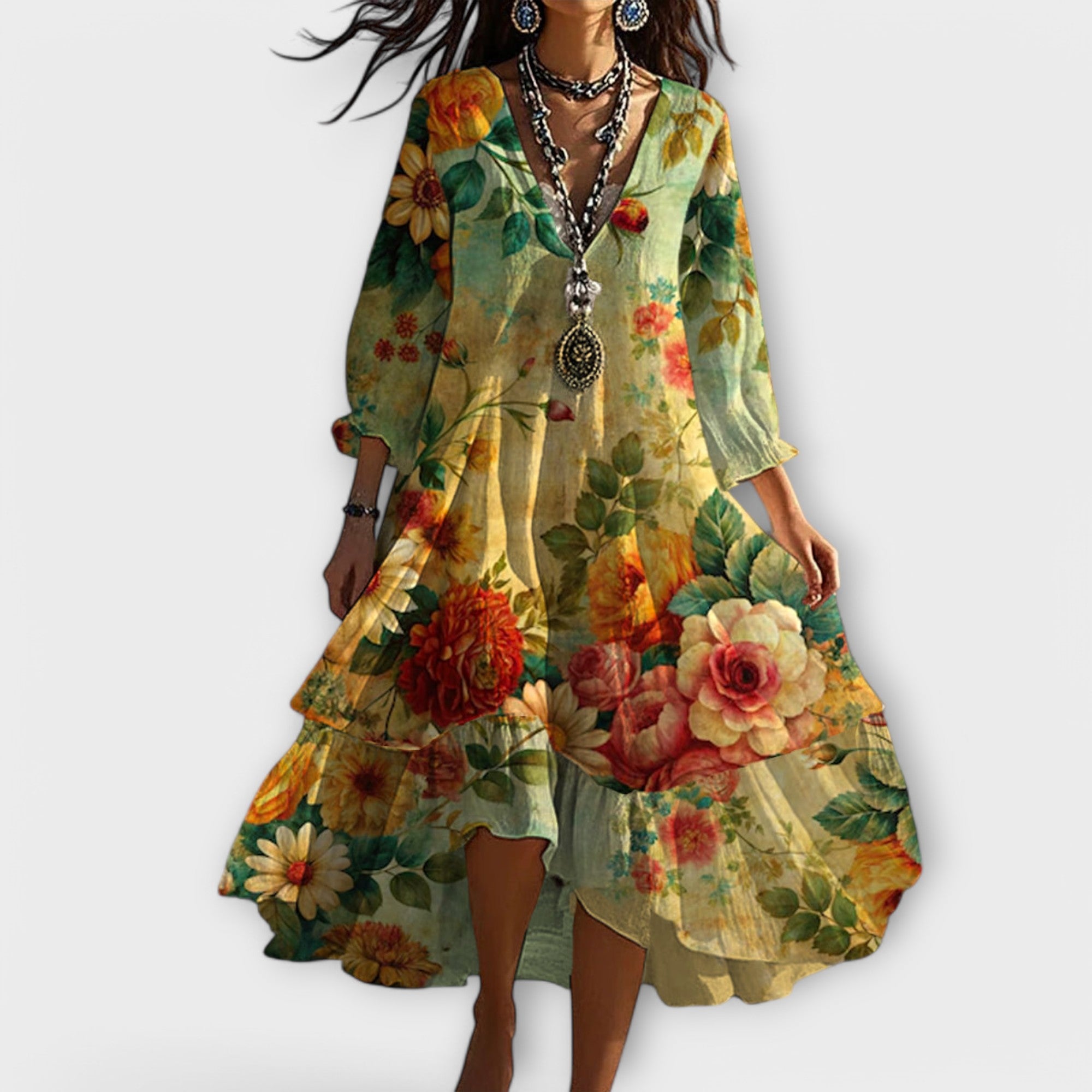 Γυναικείο Ρομαντικό Φλοράλ Boho Midi Φόρεμα με V-Λαιμόκοψη