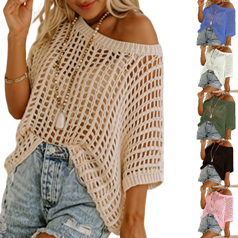 Women's Apricot Fishnet Knit Short Sleeve Tee