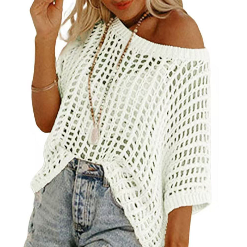 Women's Apricot Fishnet Knit Short Sleeve Tee