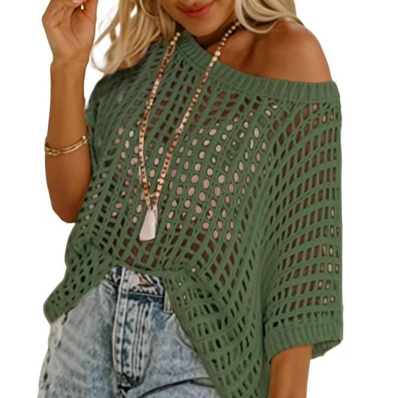 Women's Apricot Fishnet Knit Short Sleeve Tee