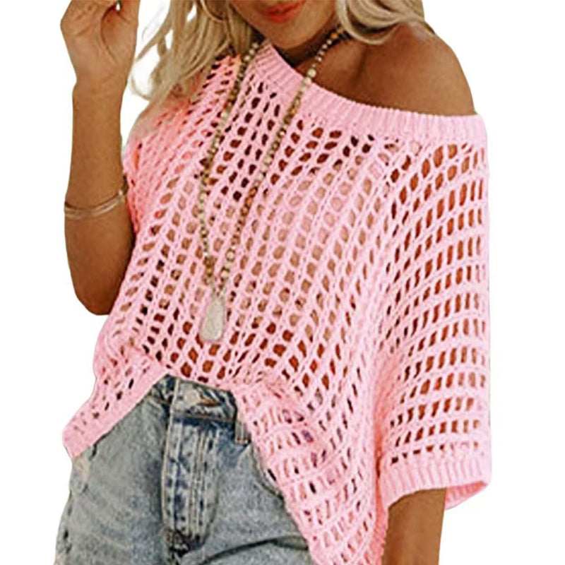 Women's Apricot Fishnet Knit Short Sleeve Tee