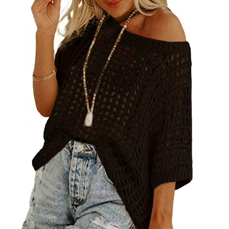 Women's Apricot Fishnet Knit Short Sleeve Tee