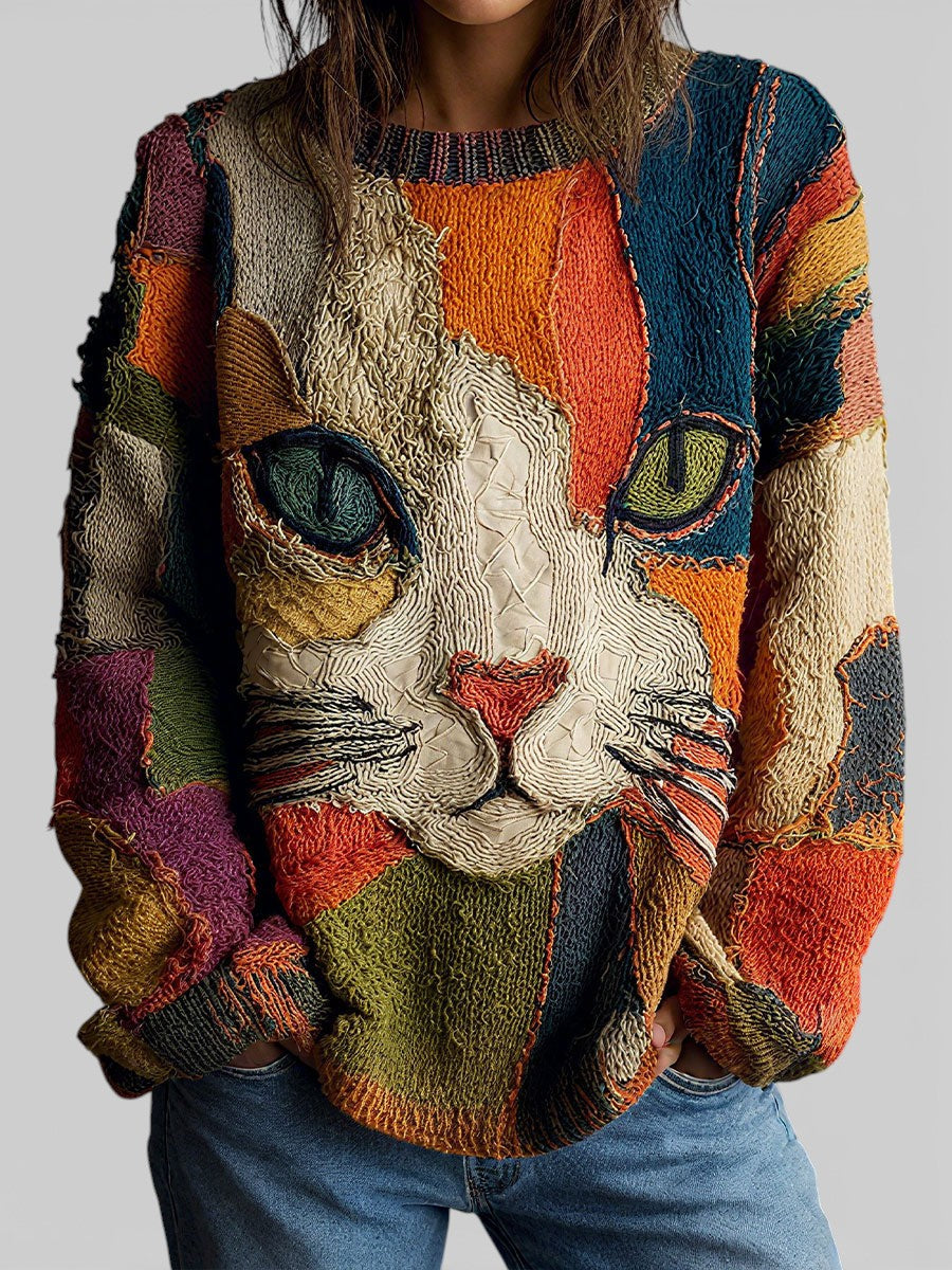 Women's Patchwork Cat Artistic Top