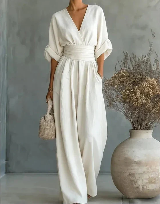 Women’s V-Neck Wide-Leg Jumpsuit with Waist Tie