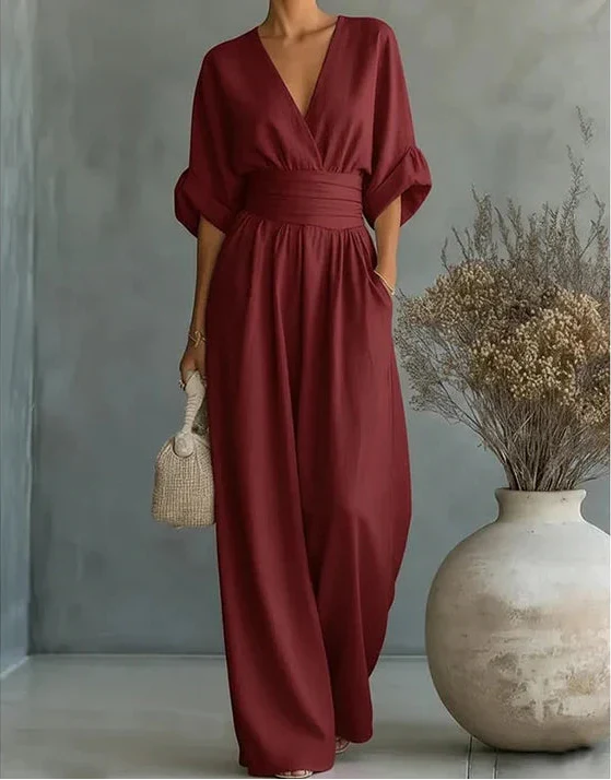 Women’s V-Neck Wide-Leg Jumpsuit with Waist Tie