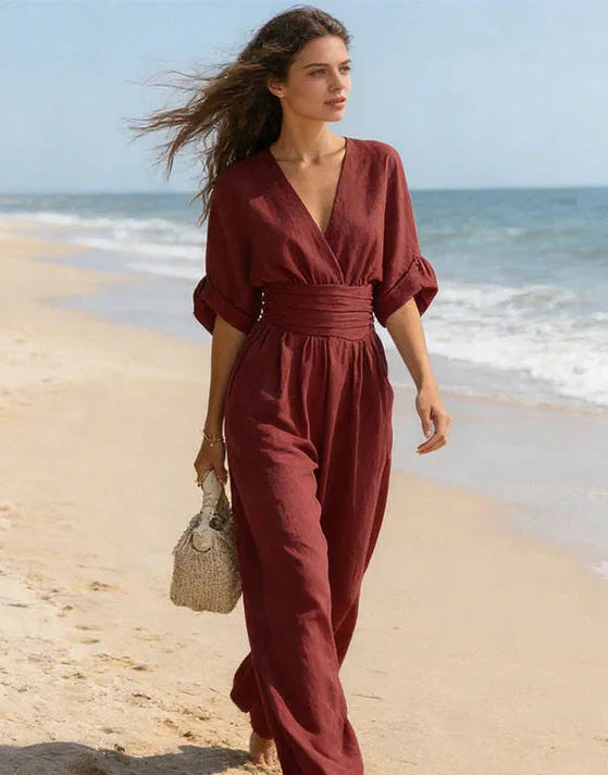 Women’s V-Neck Wide-Leg Jumpsuit with Waist Tie