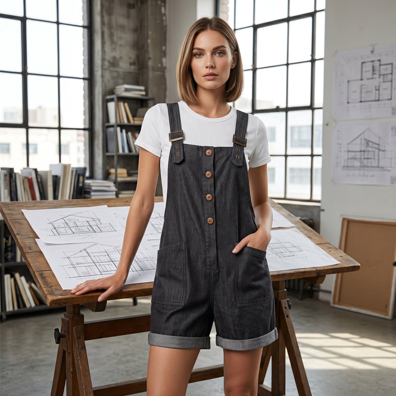 Salopette courte en jean pour femme, style vintage