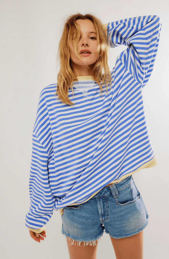 Sweat-shirt rayé pour femme, coupe décontractée et col rond