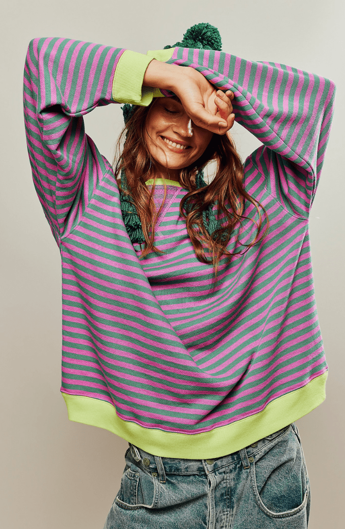 Sweat-shirt rayé pour femme, coupe décontractée et col rond