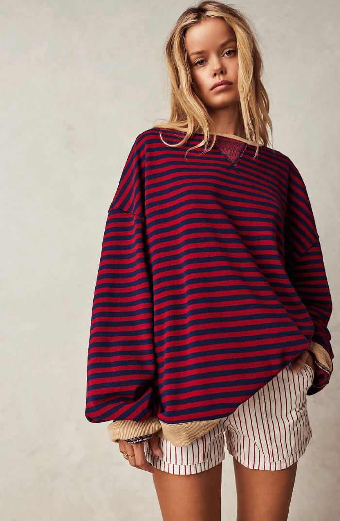 Sweat-shirt rayé pour femme, coupe décontractée et col rond